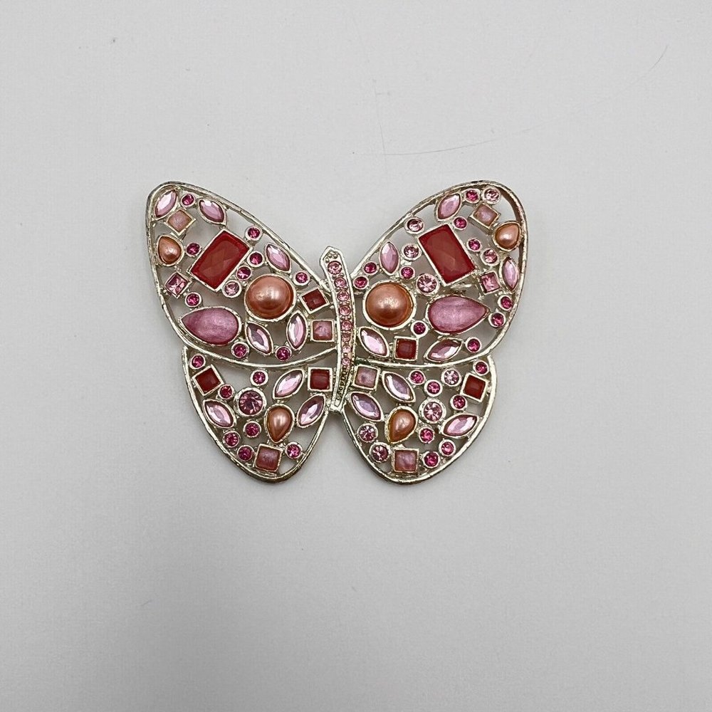 Vintage Laila Rowe Signed Mixed Stone Pink Silver Tone Butterfly Brooch Pin
